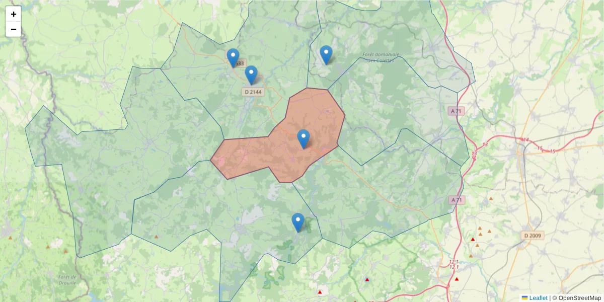 Carte de la zone du code postal  et des codes postaux voisins en France