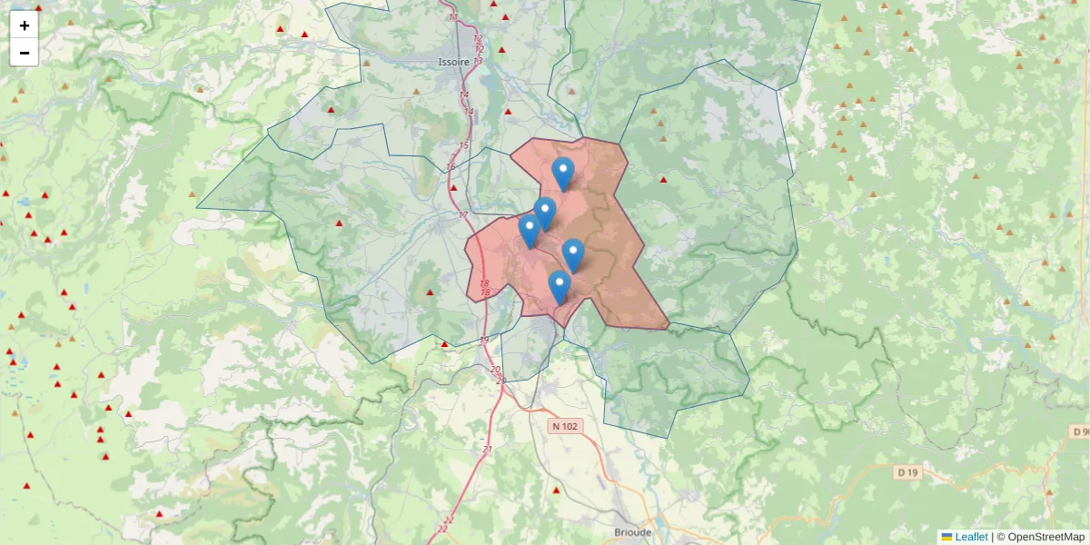 Carte de la zone du code postal  et des codes postaux voisins en France