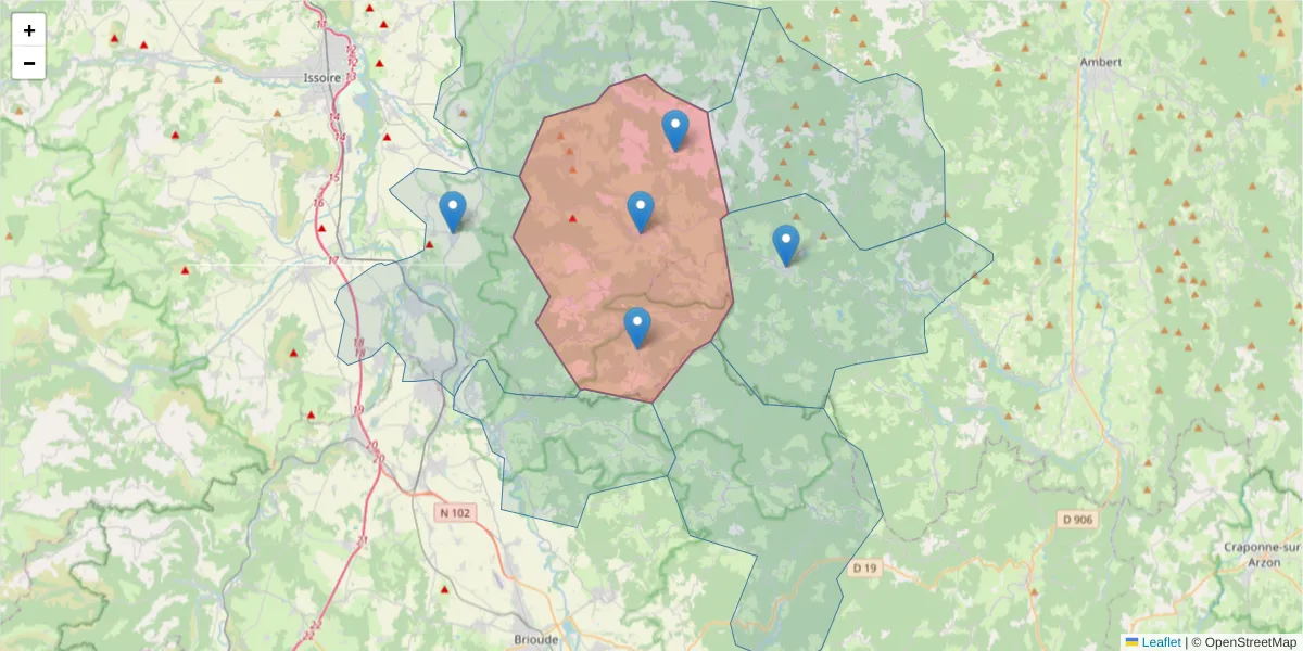 Carte de la zone du code postal  et des codes postaux voisins en France