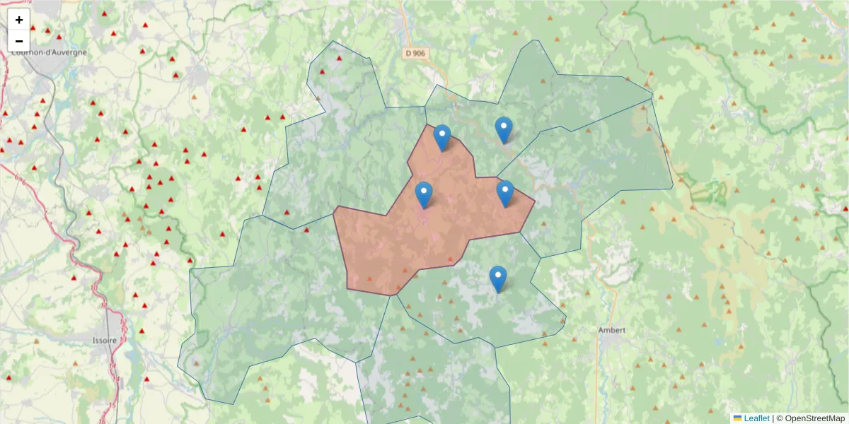 Carte de la zone du code postal  et des codes postaux voisins en France