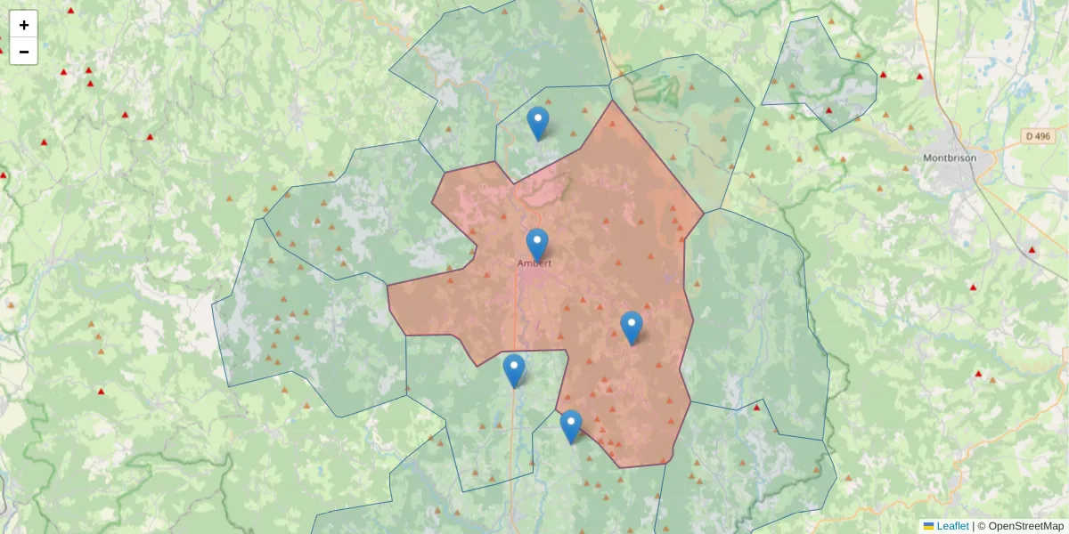 Carte de la zone du code postal  et des codes postaux voisins en France