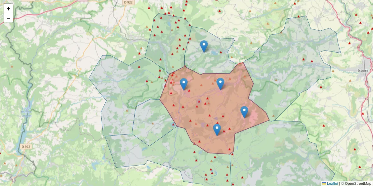 Carte de la zone du code postal  et des codes postaux voisins en France