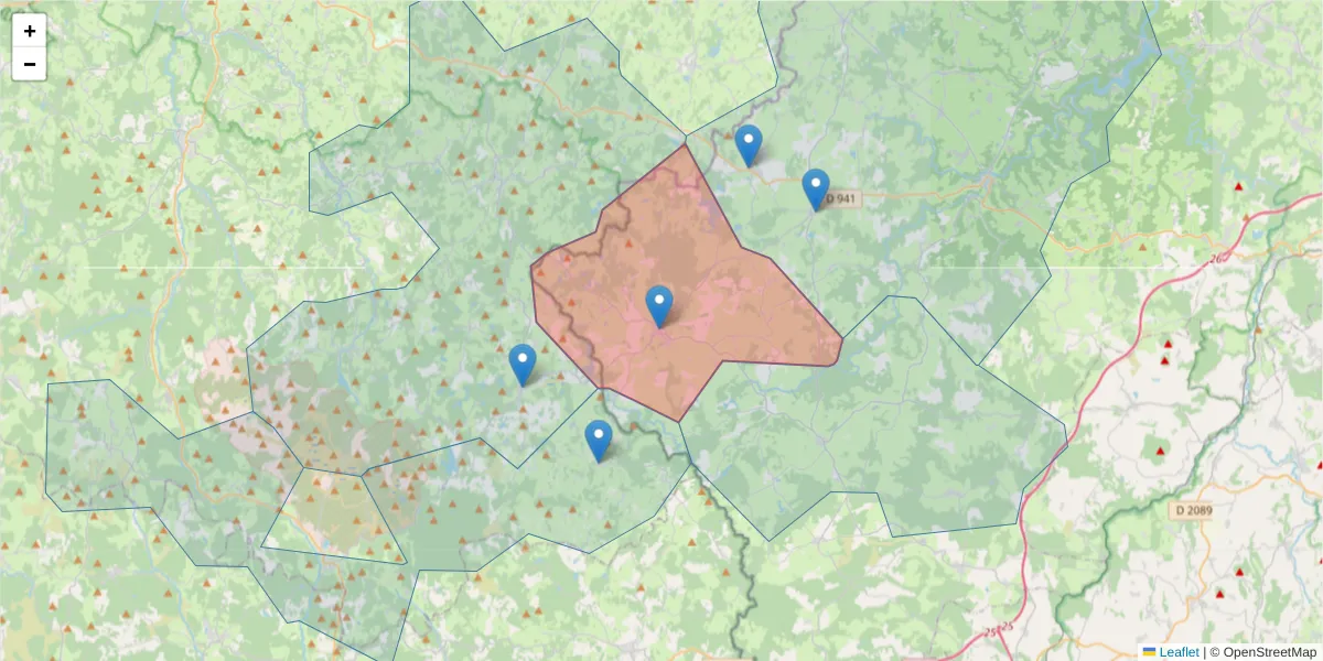 Carte de la zone du code postal  et des codes postaux voisins en France