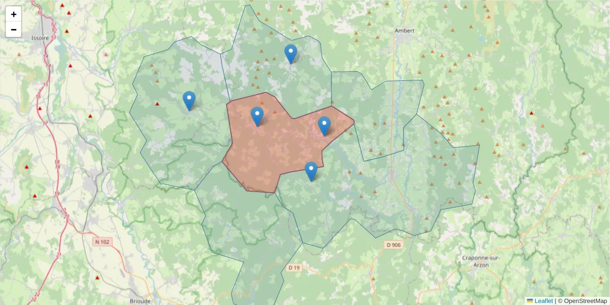 Carte de la zone du code postal  et des codes postaux voisins en France