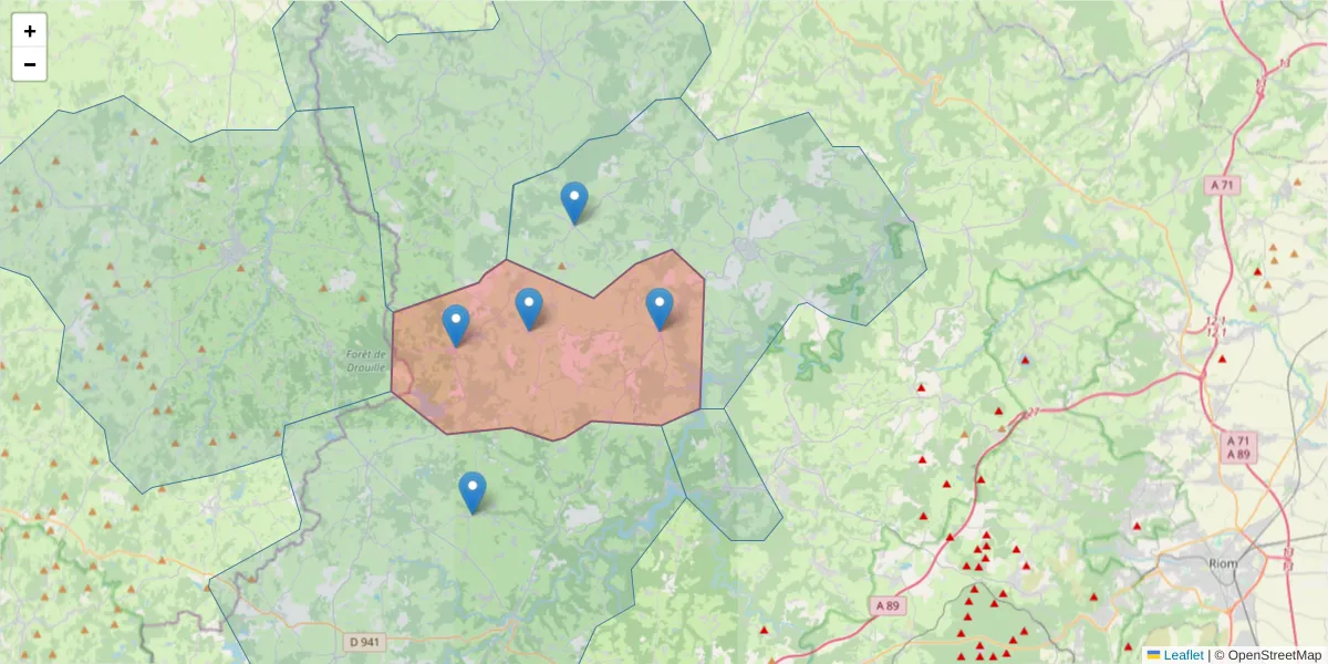 Carte de la zone du code postal  et des codes postaux voisins en France