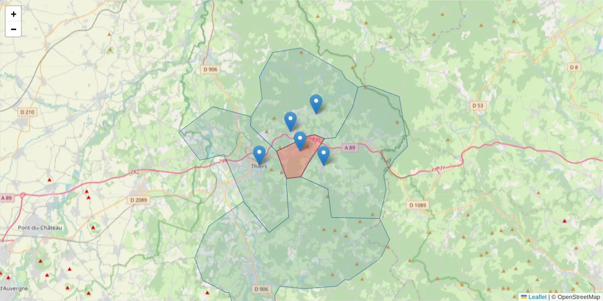 Carte de la zone du code postal  et des codes postaux voisins en France