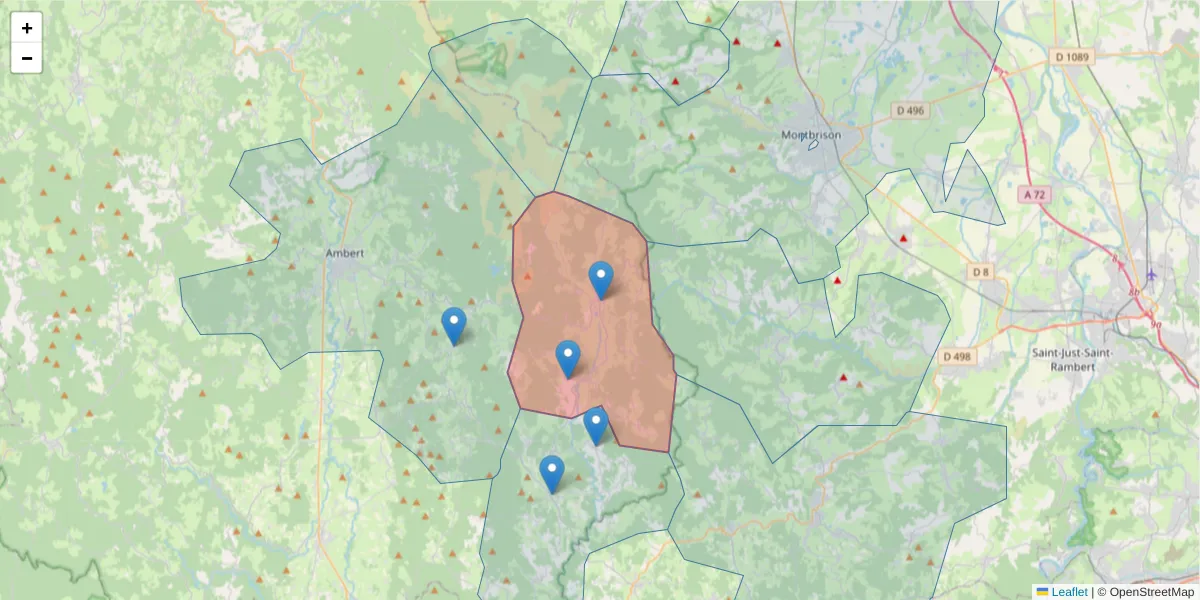 Carte de la zone du code postal  et des codes postaux voisins en France