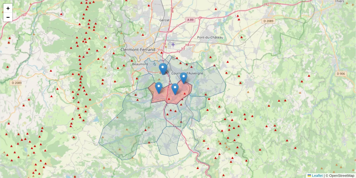 Carte de la zone du code postal  et des codes postaux voisins en France