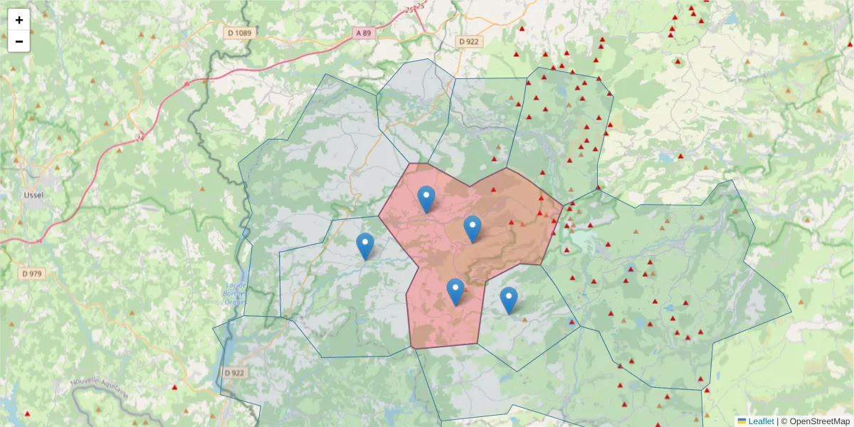 Carte de la zone du code postal  et des codes postaux voisins en France
