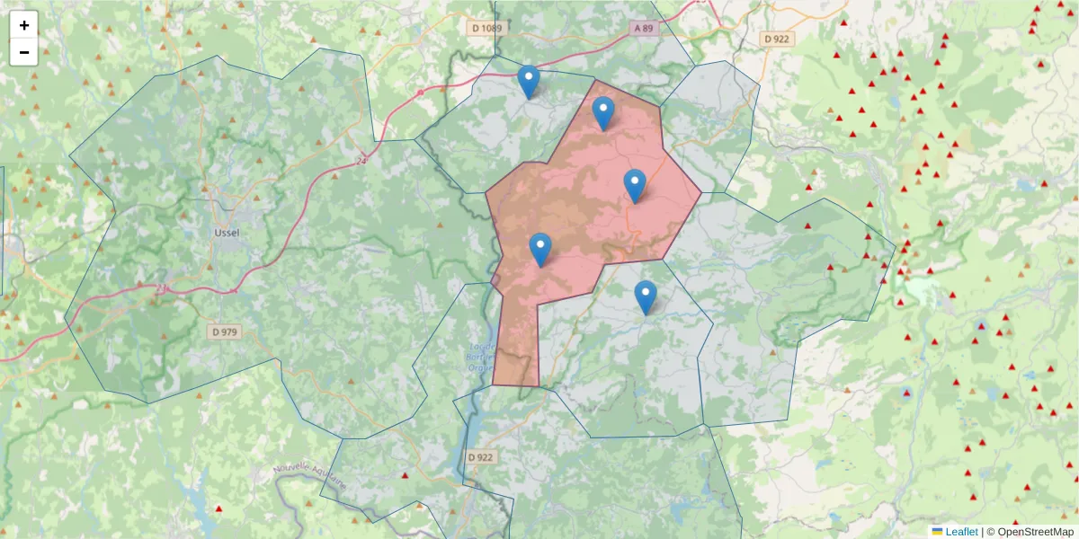 Carte de la zone du code postal  et des codes postaux voisins en France