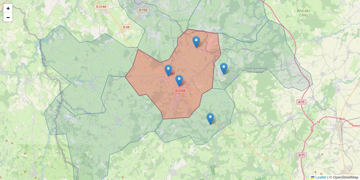 Carte de la zone du code postal  et des codes postaux voisins en France