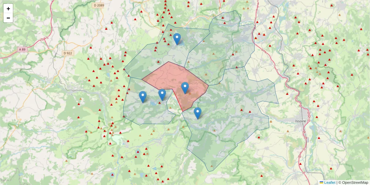 Carte de la zone du code postal  et des codes postaux voisins en France