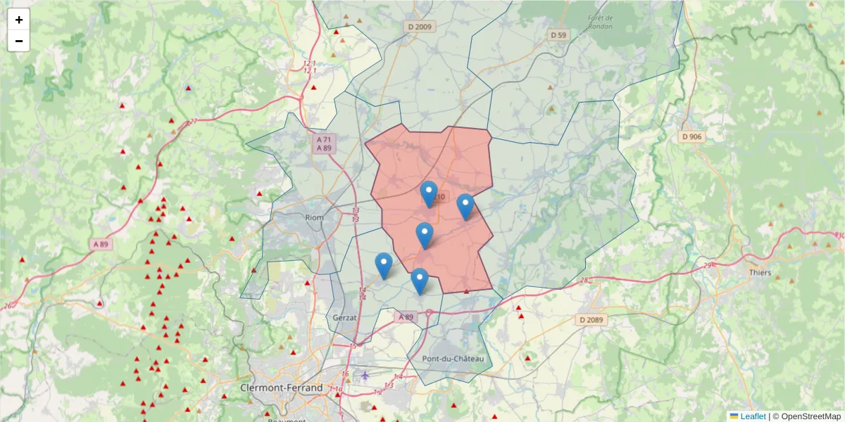 Carte de la zone du code postal  et des codes postaux voisins en France