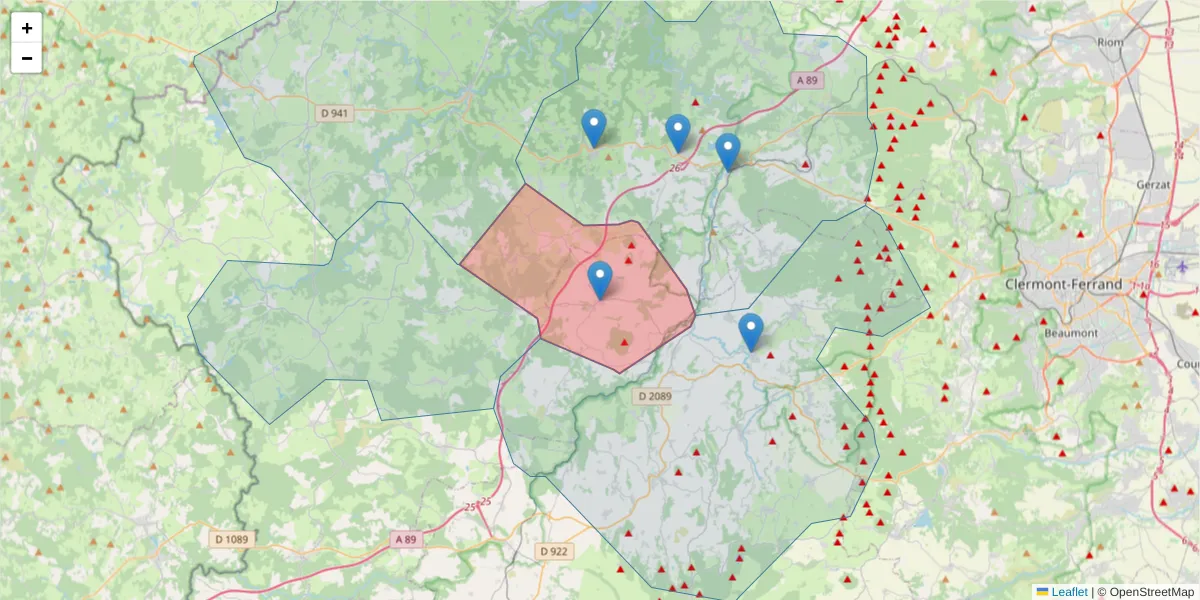 Carte de la zone du code postal  et des codes postaux voisins en France