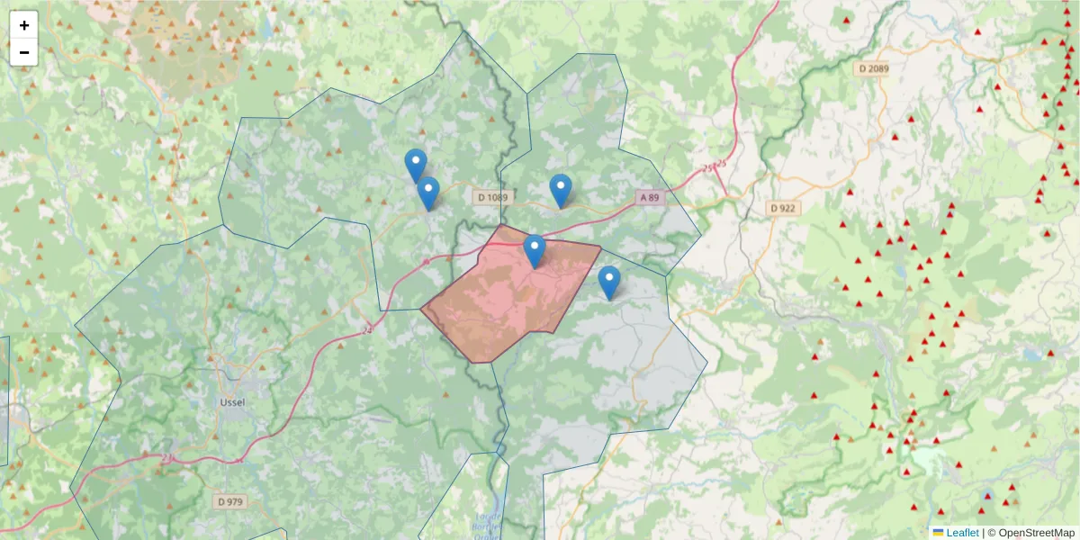 Carte de la zone du code postal  et des codes postaux voisins en France