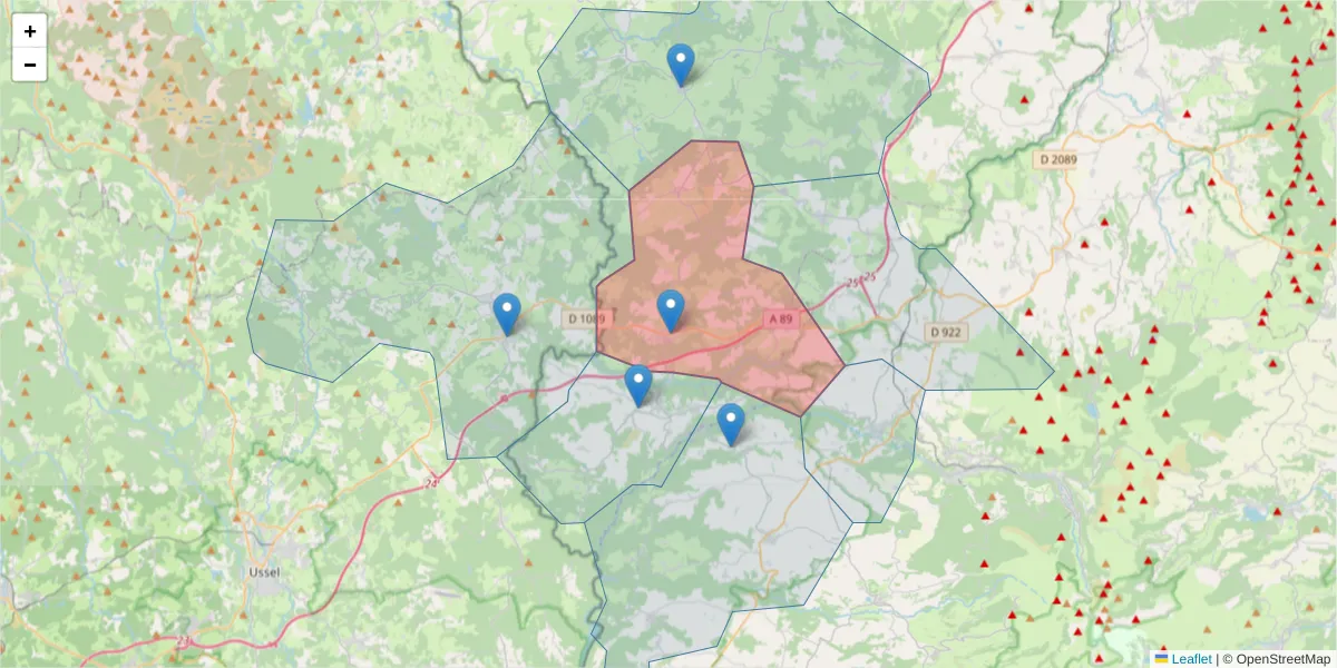 Carte de la zone du code postal  et des codes postaux voisins en France
