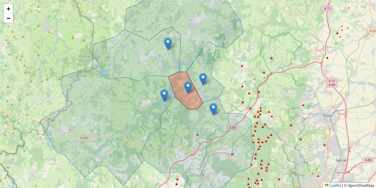 Carte de la zone du code postal  et des codes postaux voisins en France