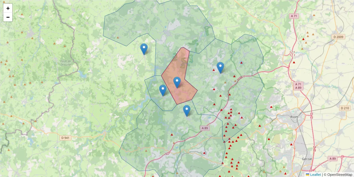 Carte de la zone du code postal  et des codes postaux voisins en France