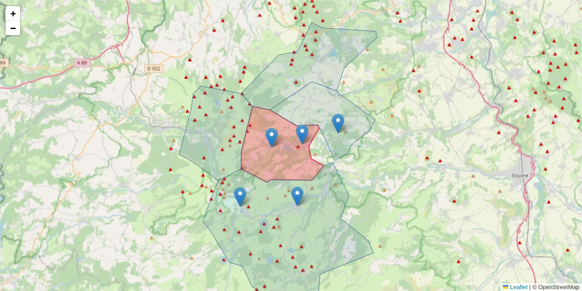 Carte de la zone du code postal  et des codes postaux voisins en France