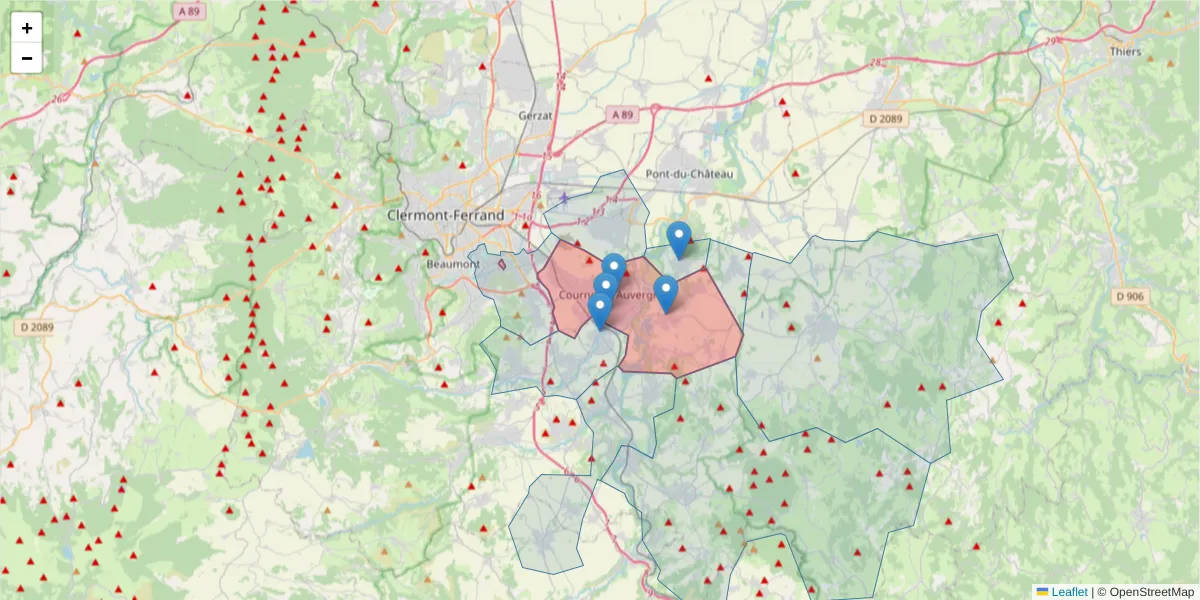 Carte de la zone du code postal  et des codes postaux voisins en France