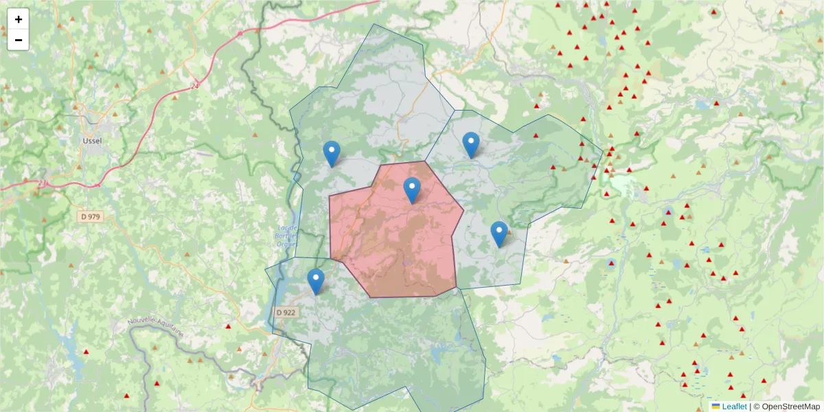 Carte de la zone du code postal  et des codes postaux voisins en France