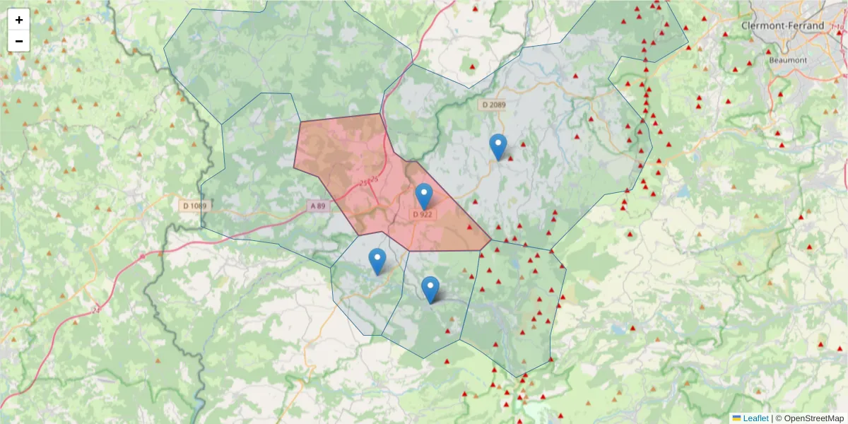 Carte de la zone du code postal  et des codes postaux voisins en France