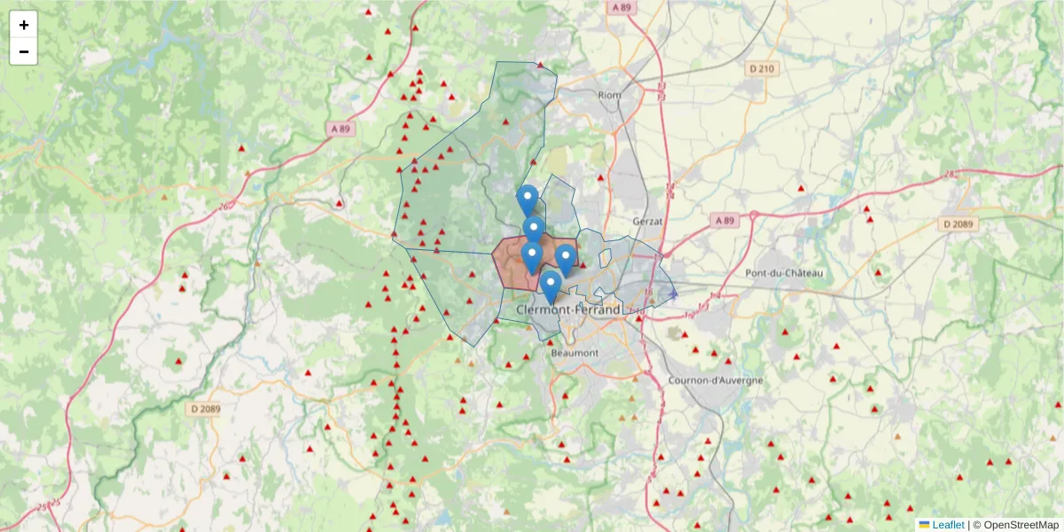 Carte de la zone du code postal  et des codes postaux voisins en France