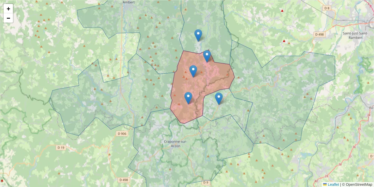 Carte de la zone du code postal  et des codes postaux voisins en France
