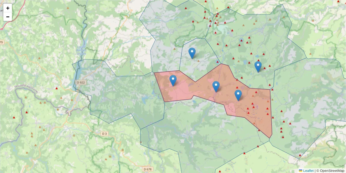 Carte de la zone du code postal  et des codes postaux voisins en France