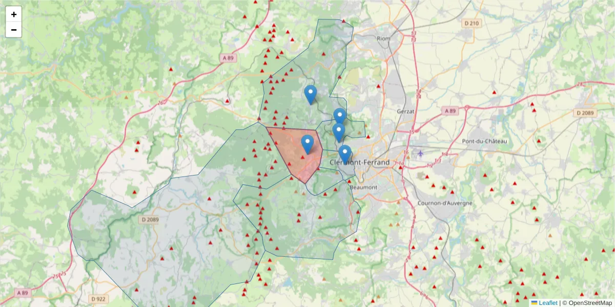 Carte de la zone du code postal  et des codes postaux voisins en France