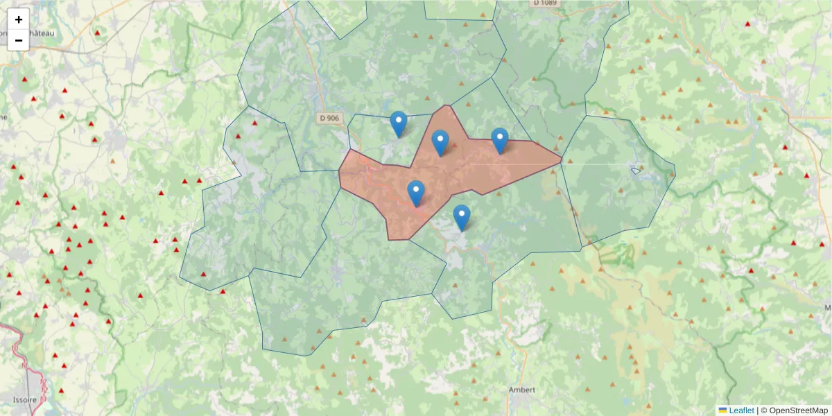 Carte de la zone du code postal  et des codes postaux voisins en France