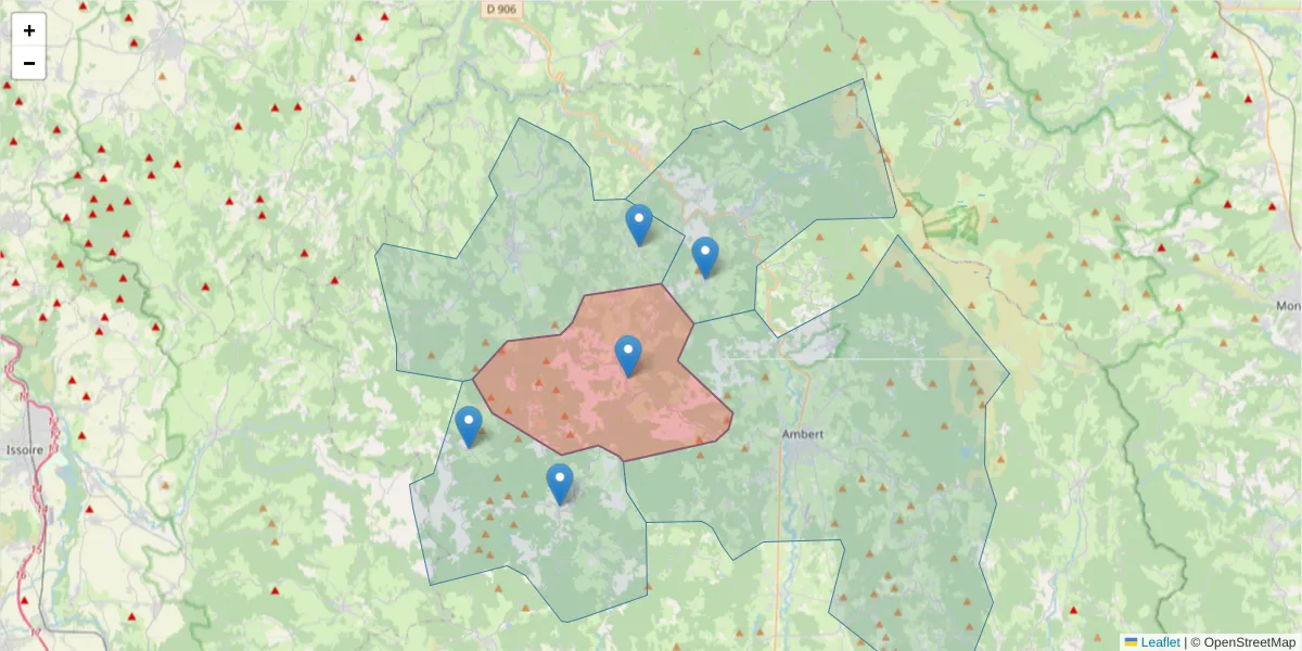Carte de la zone du code postal  et des codes postaux voisins en France