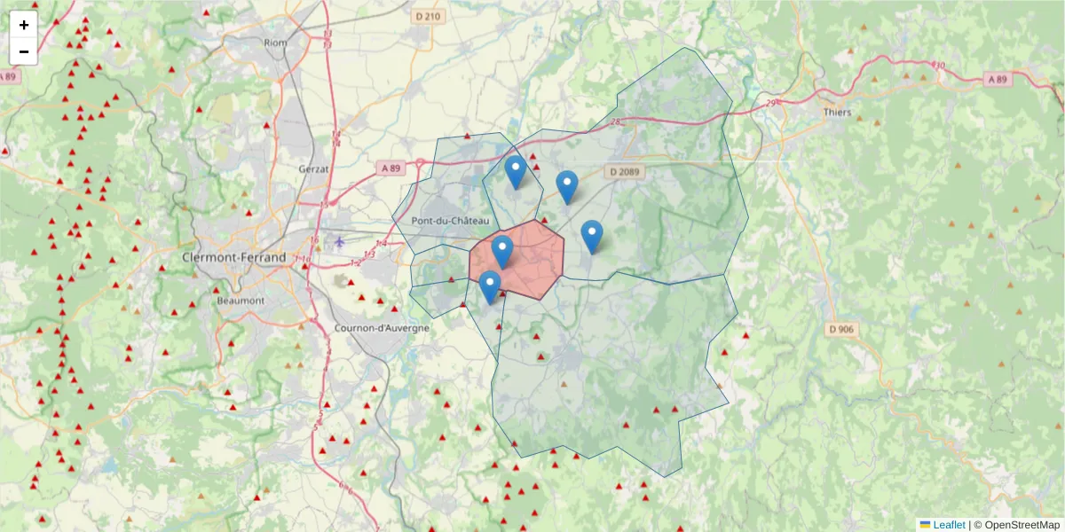 Carte de la zone du code postal  et des codes postaux voisins en France