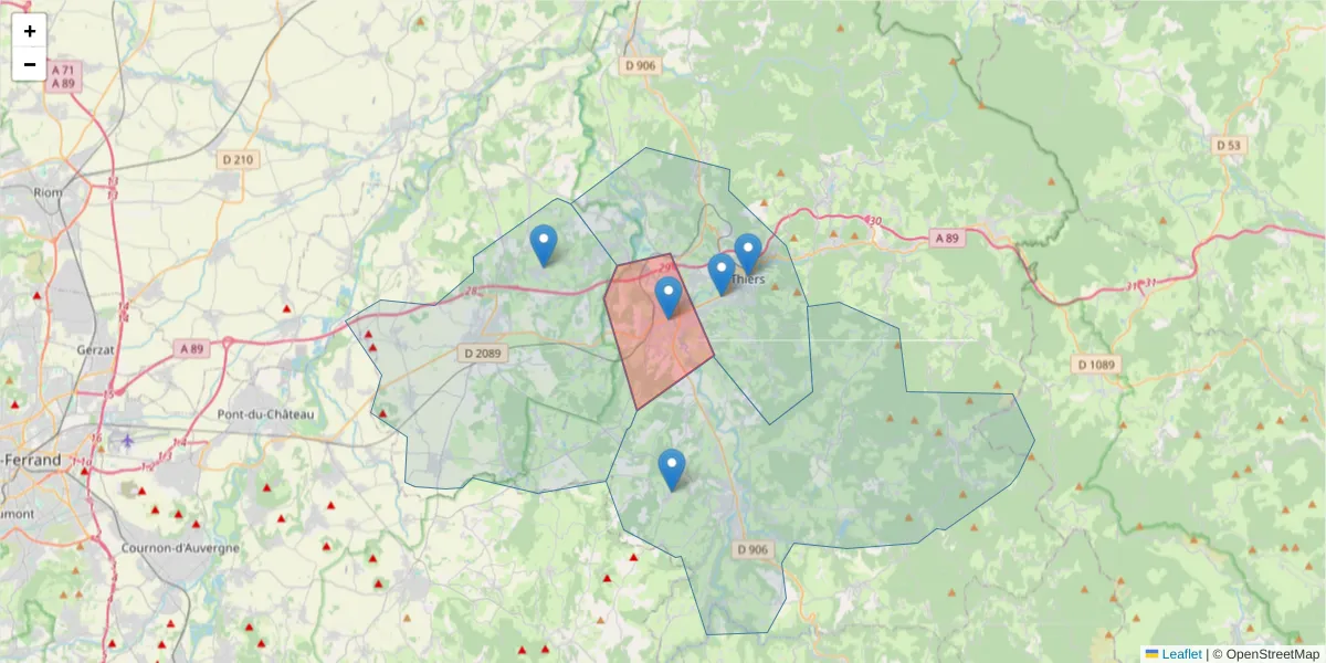 Carte de la zone du code postal  et des codes postaux voisins en France