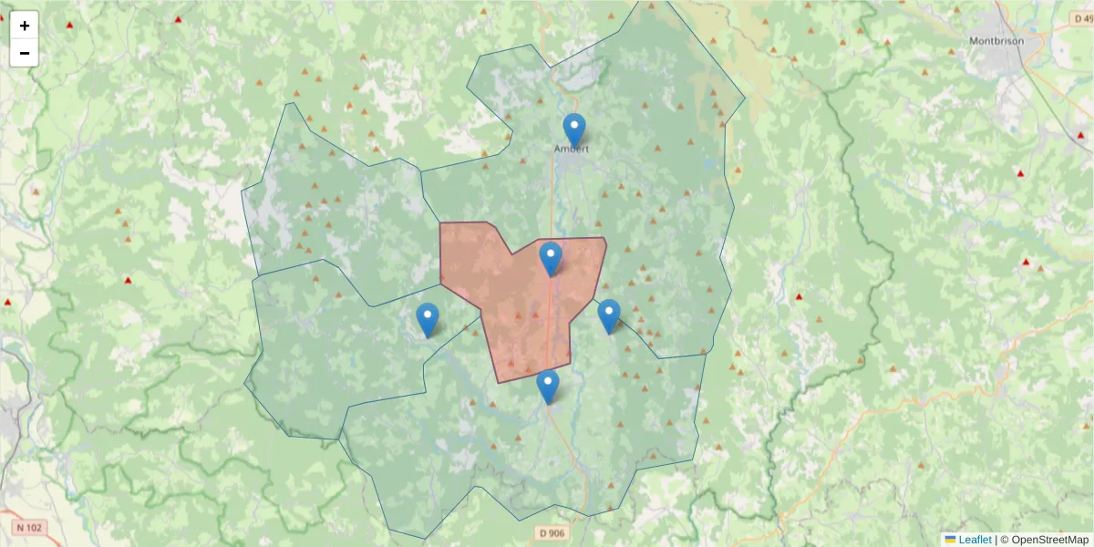 Carte de la zone du code postal  et des codes postaux voisins en France
