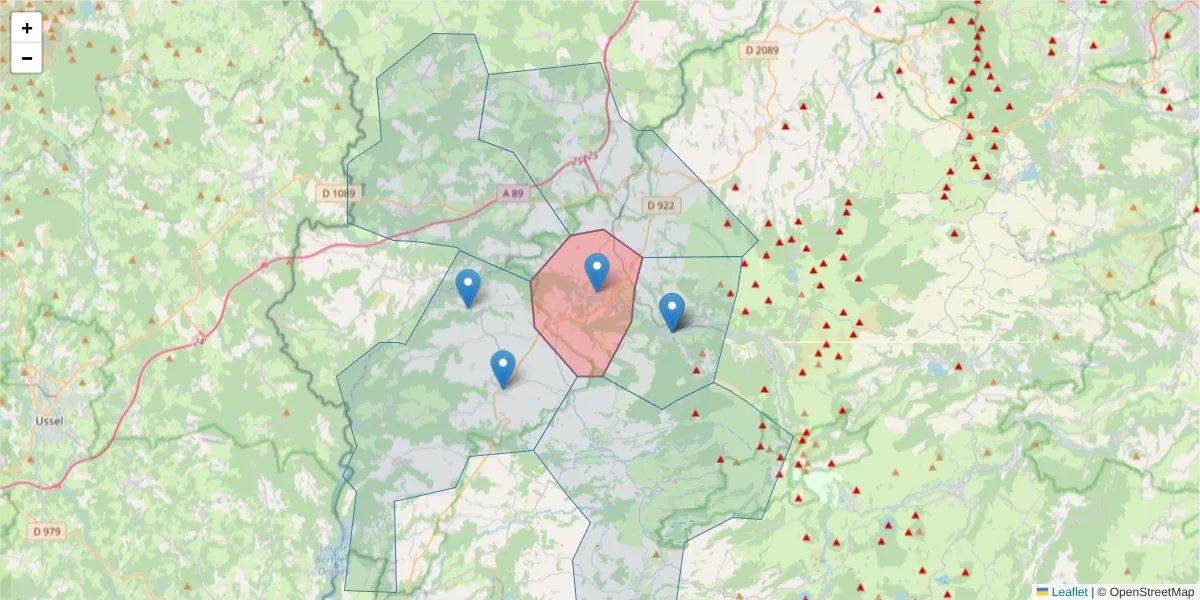Carte de la zone du code postal  et des codes postaux voisins en France