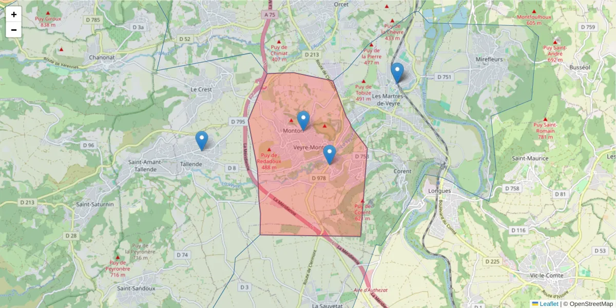 Carte de la zone du code postal  et des codes postaux voisins en France