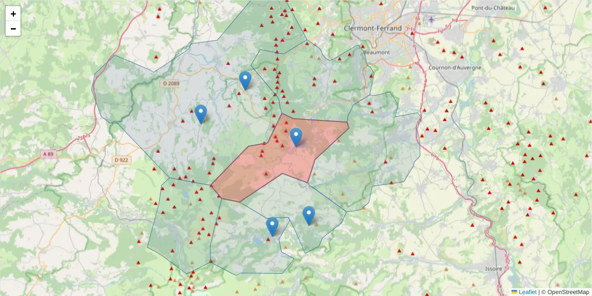 Carte de la zone du code postal  et des codes postaux voisins en France