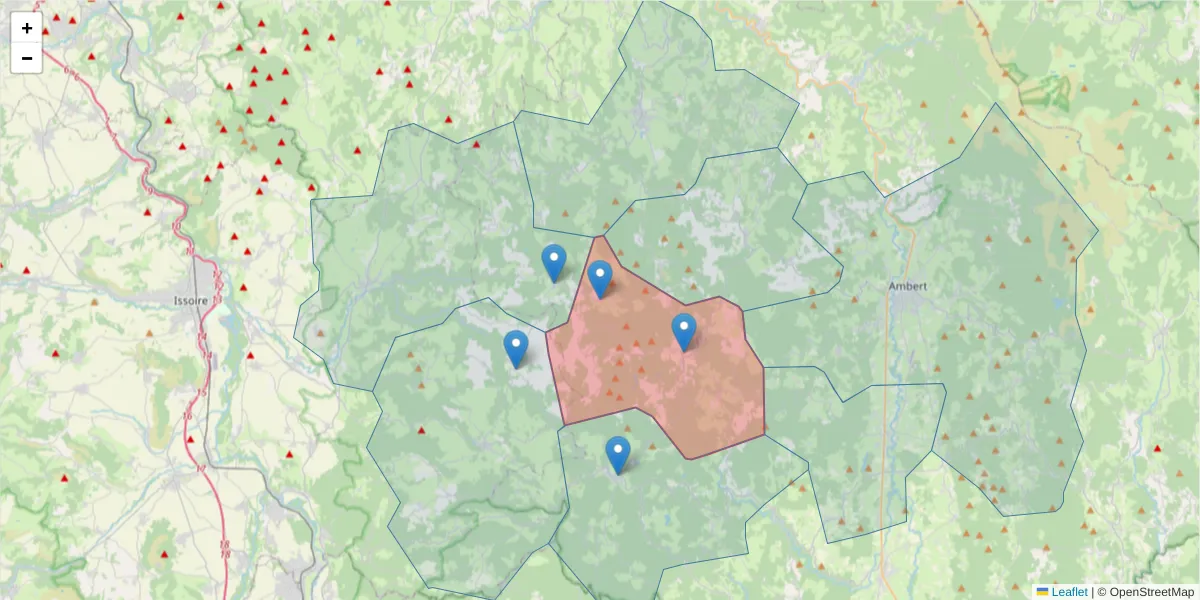 Carte de la zone du code postal  et des codes postaux voisins en France