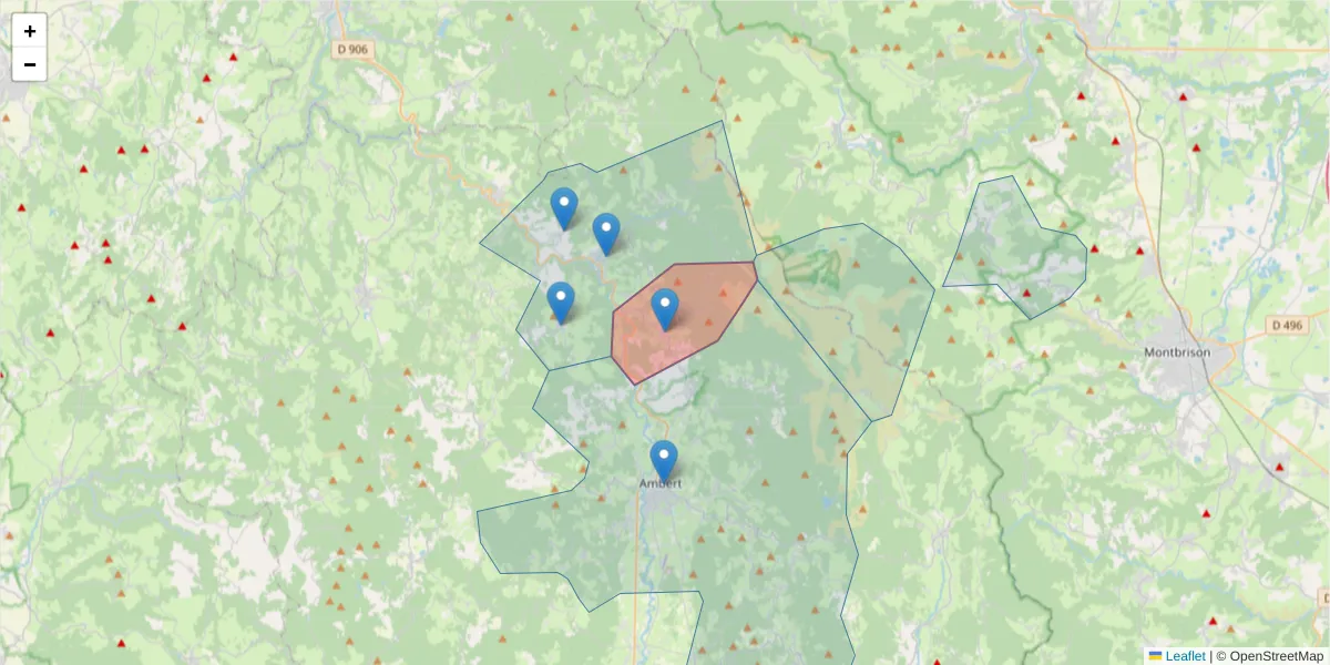 Carte de la zone du code postal  et des codes postaux voisins en France