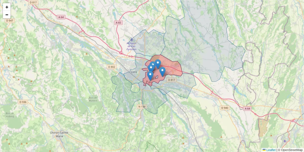 Carte de la zone du code postal  et des codes postaux voisins en France