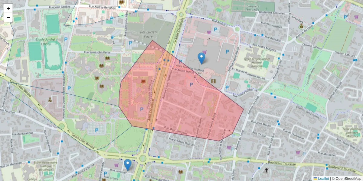 Carte de la zone du code postal  et des codes postaux voisins en France
