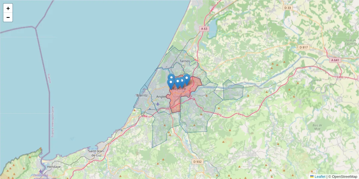 Carte de la zone du code postal  et des codes postaux voisins en France