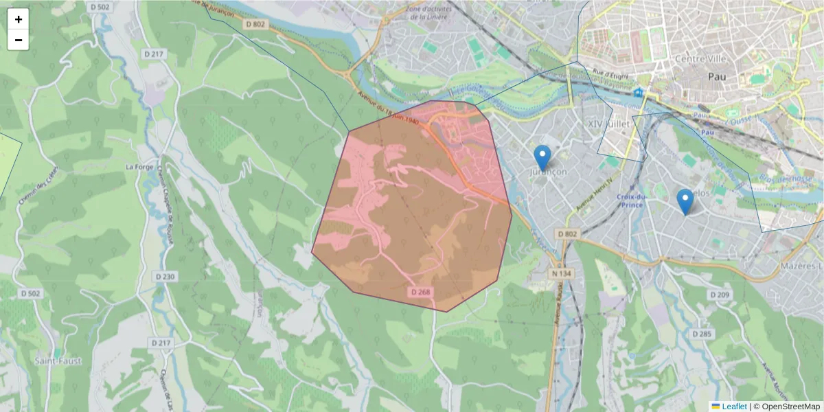 Carte de la zone du code postal  et des codes postaux voisins en France