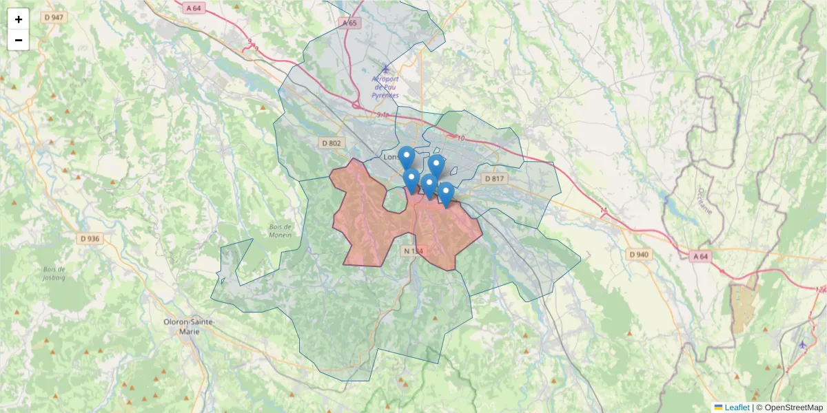 Carte de la zone du code postal  et des codes postaux voisins en France