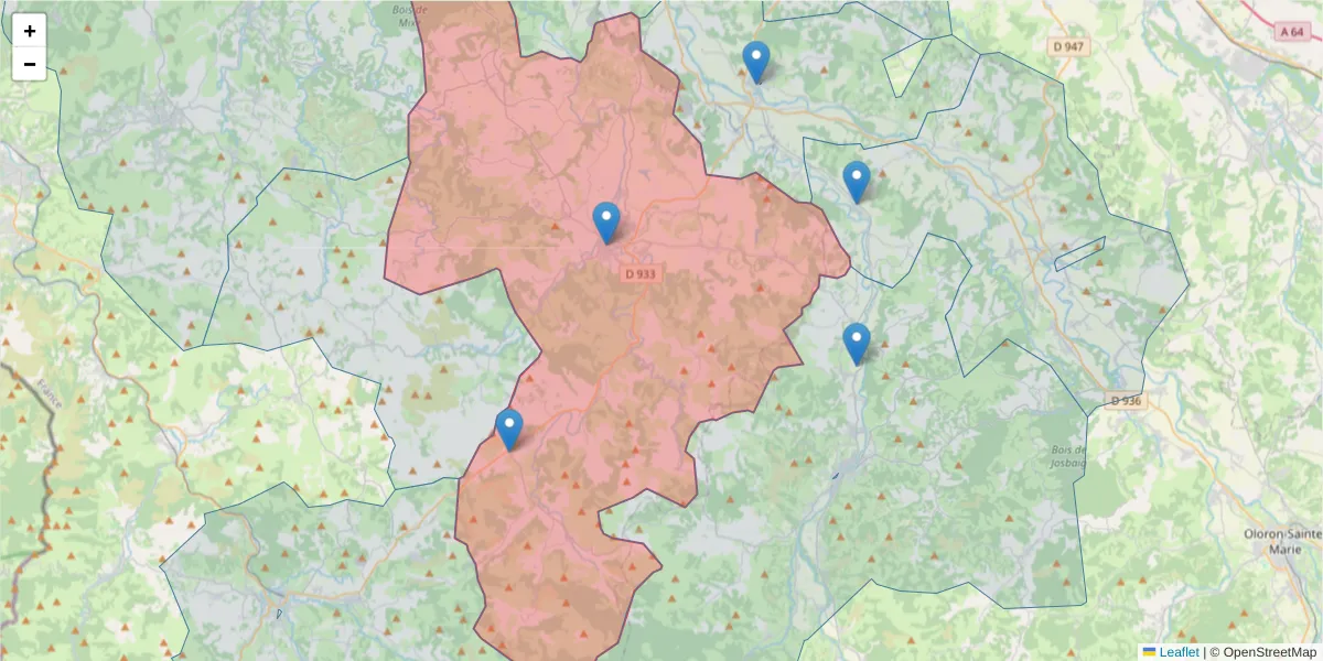 Carte de la zone du code postal  et des codes postaux voisins en France