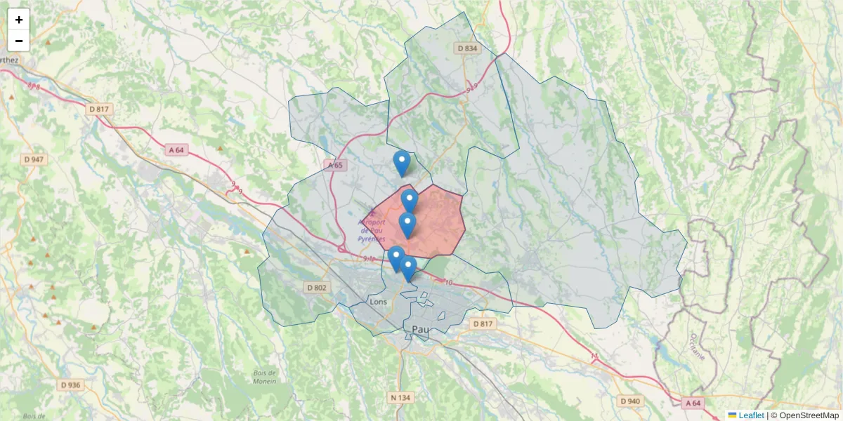 Carte de la zone du code postal  et des codes postaux voisins en France