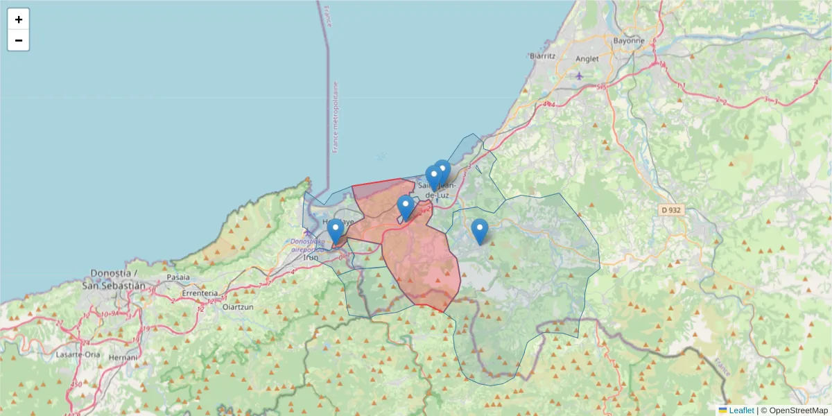 Carte de la zone du code postal  et des codes postaux voisins en France