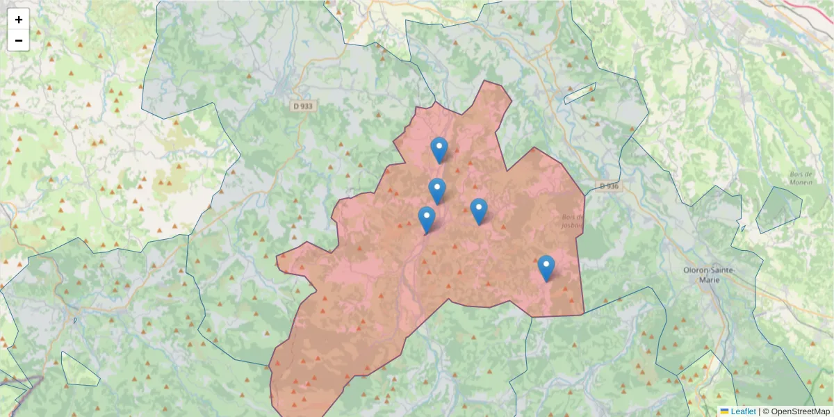 Carte de la zone du code postal  et des codes postaux voisins en France
