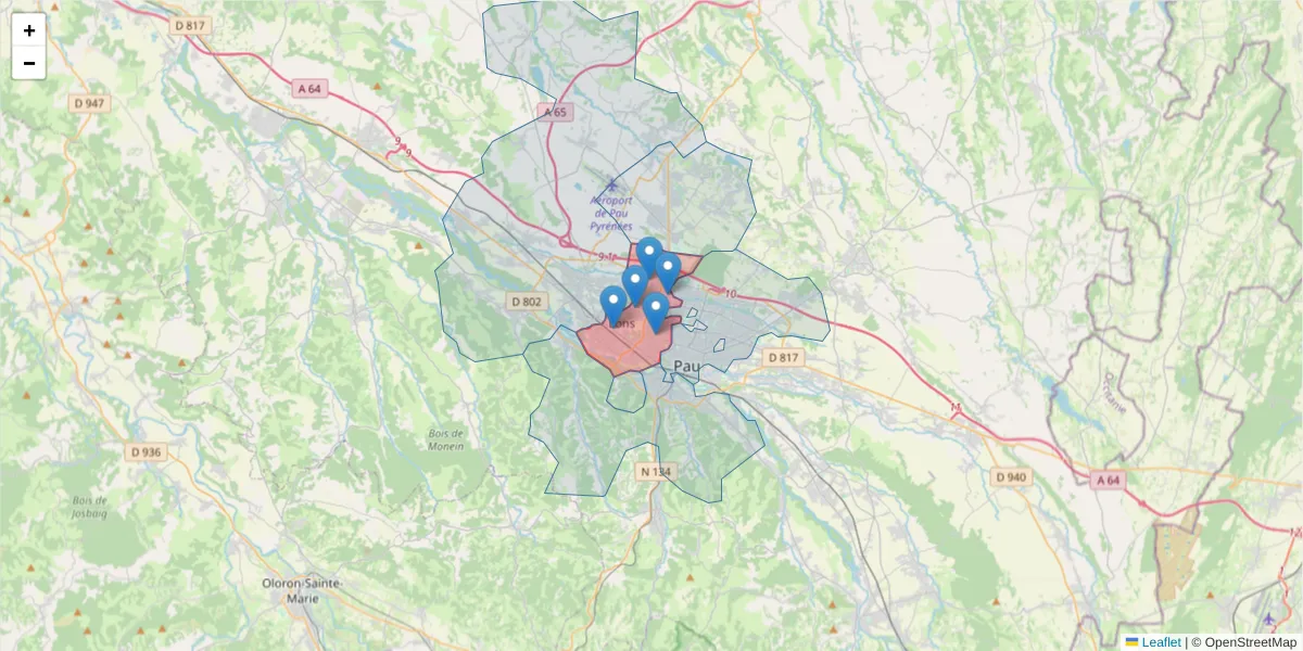 Carte de la zone du code postal  et des codes postaux voisins en France